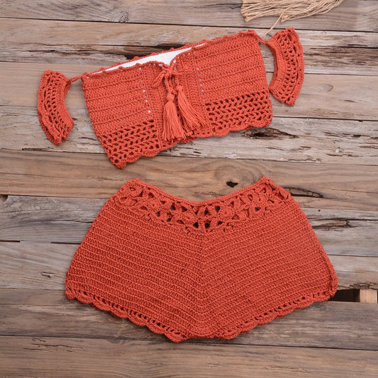 Bikini Hand - woven Lace - up Swimsuit Shorts Hollow Split Suit - Aqova