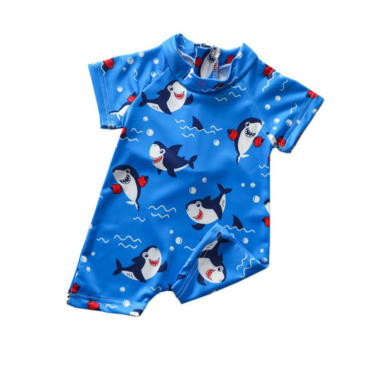 Boys' Blue Shark One - Piece Romper - Short Sleeve Swimwear - Aqova