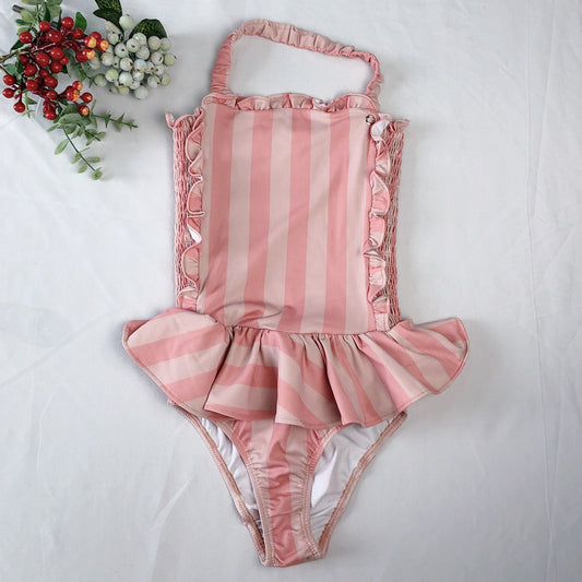 Children's Swimwear Ins Explosion Models Girls Siamese Striped Princess Wind Lace Swimsuit - Aqova