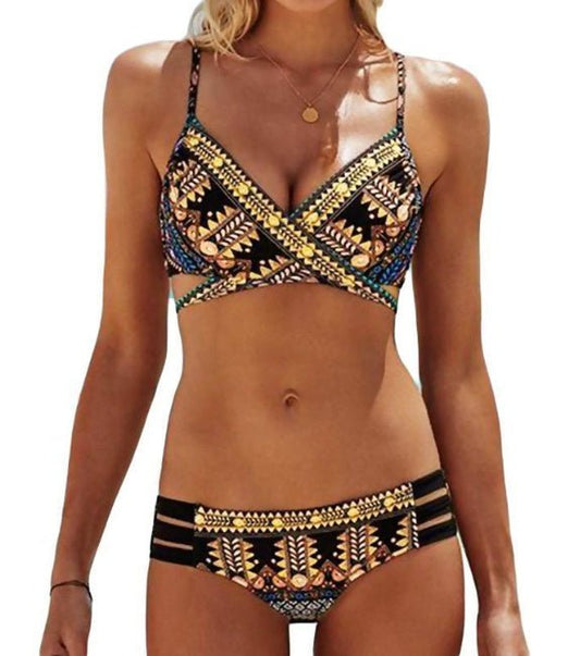 Ethnic Style Print Bikini Swimsuit - Sexy & Durable Chest Cross Straps - Aqova