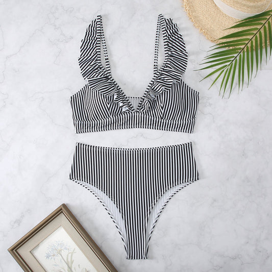 Fresh And Retro Striped Split Small Chest Bikini Vacation Swimwear - Aqova