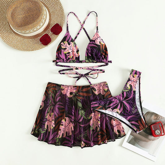 Leaf Print Bikini Women's Three - piece Two - piece Swimsuit - Aqova