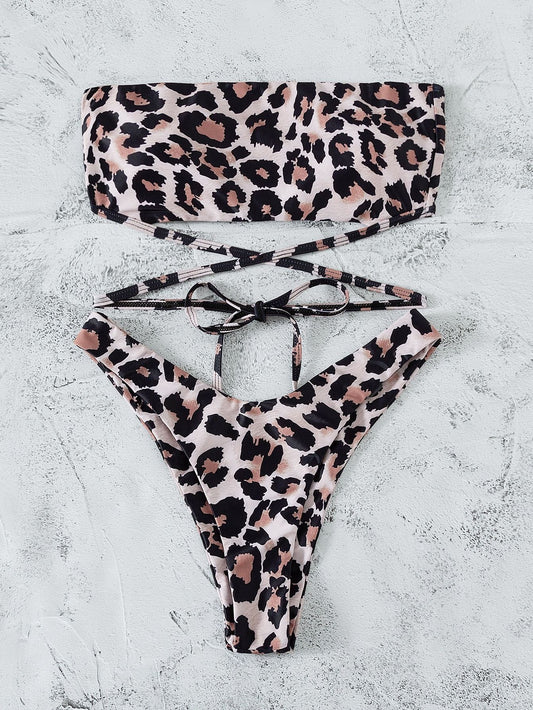 Leopard Print Bikini Bandeau Split Swimsuit - Aqova