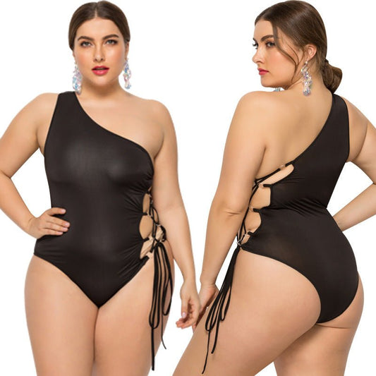 New Style Foreign Trade Oblique Shoulder Plus Fat Swimsuit European And American One - piece Bikini Swimsuit Female Plus Size Swimsuit - Aqova