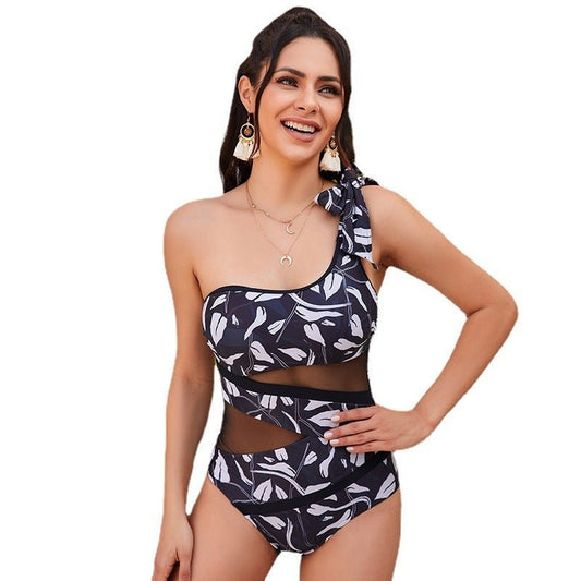 One Shoulder One - piece Swimsuit Women's Bow Yarn - Aqova