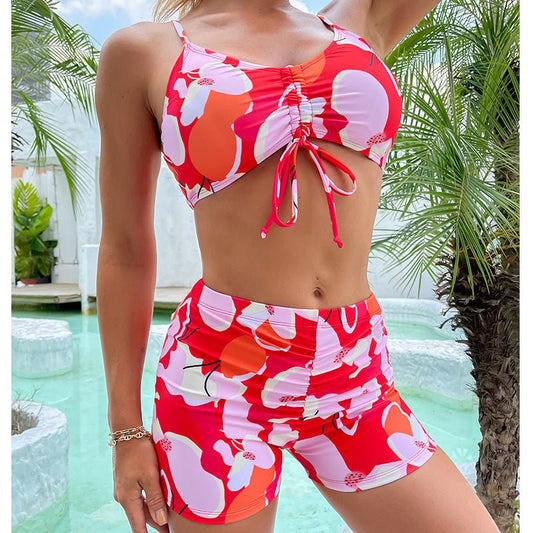 Printed Drawstring Shorts High Waist Bikini Swimsuit Swimwear - Aqova