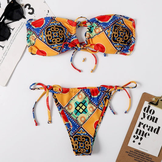 Printed Split Bikini Swimsuit Sexy Lace - up Triangle Ladies Swimwear - Aqova