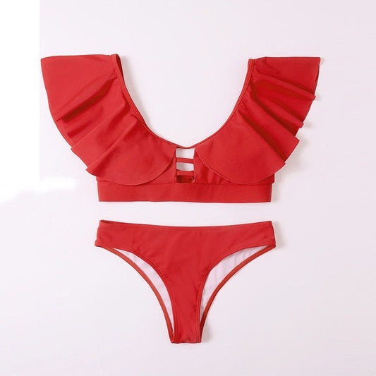 Ruffle Solid Tie Bikini Swimwear - High Waist Backless for Women - Aqova
