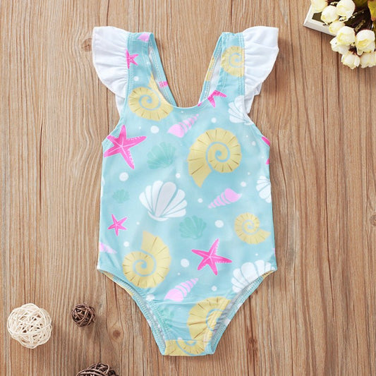 Shell Print Bow Swimsuit for Girls - Cute Cartoon Design, Cotton Blend - Aqova