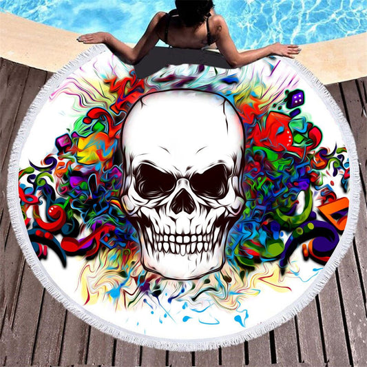 Skull Print Round Beach Towel - Microfiber with Tassels, 150x150CM - Aqova