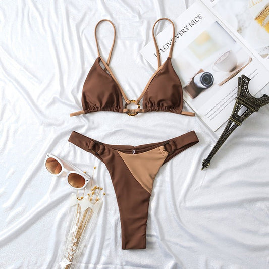 Solid Color Double - layer Fabric Split Swimsuit - Aqova