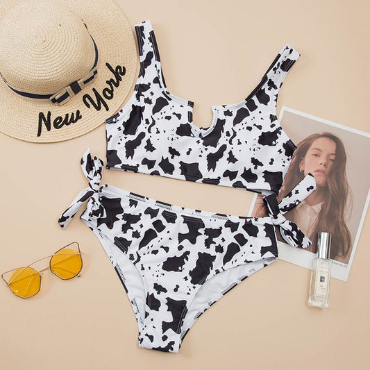 Split Cow Print Bow Bikini Swimsuit Women - Aqova