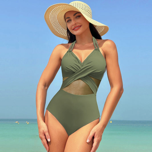 Stylish Halter-neck One-piece Swimsuit - Solid Color & Cross-strap Design - Aqova