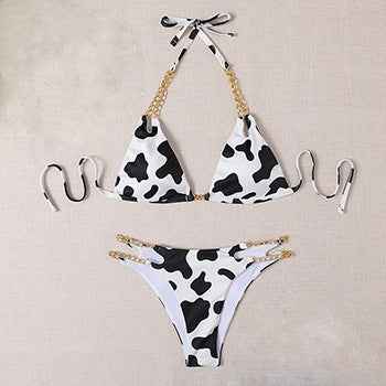 Stylish Women's Bikini Set - Chain Design, Black Floral Print - Aqova