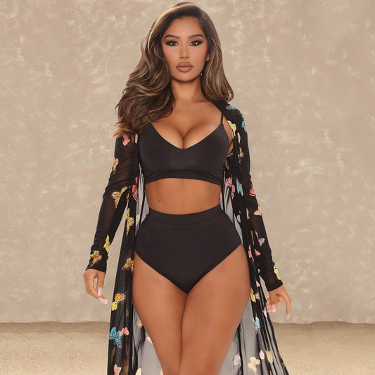 Women's Fashion Mesh Print Swimsuit Three Piece Shawl - Aqova