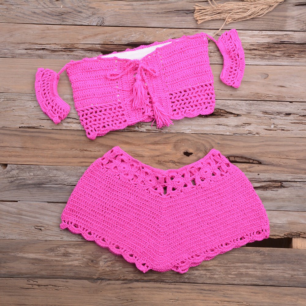 Bikini Hand - woven Lace - up Swimsuit Shorts Hollow Split Suit - Aqova