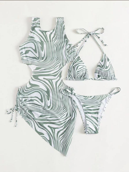 Bikini Three - piece European And American Plant Flower Print Swimsuit - Aqova