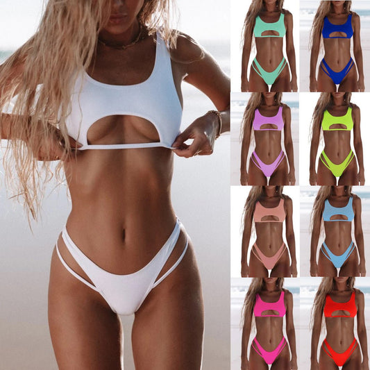 Bikini Women's Solid Color Split Swimsuit Hollow Snake Fabric Swimwear - Aqova