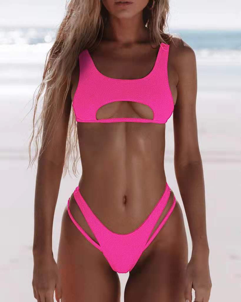 Bikini Women's Solid Color Split Swimsuit Hollow Snake Fabric Swimwear - Aqova