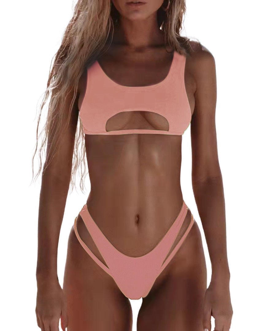 Bikini Women's Solid Color Split Swimsuit Hollow Snake Fabric Swimwear - Aqova