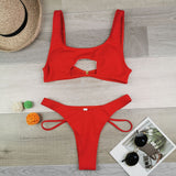 Bikini Women's Solid Color Split Swimsuit Hollow Snake Fabric Swimwear - Aqova