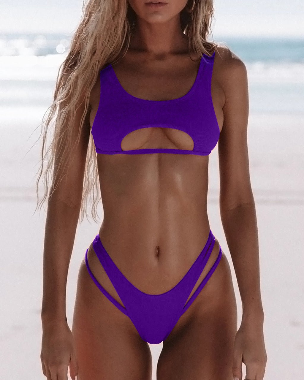 Bikini Women's Solid Color Split Swimsuit Hollow Snake Fabric Swimwear - Aqova