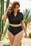 Black High Neck Split Swimsuit - Long Sleeve, High Waist Zipper Design - Aqova