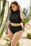 Black High Neck Split Swimsuit - Long Sleeve, High Waist Zipper Design - Aqova