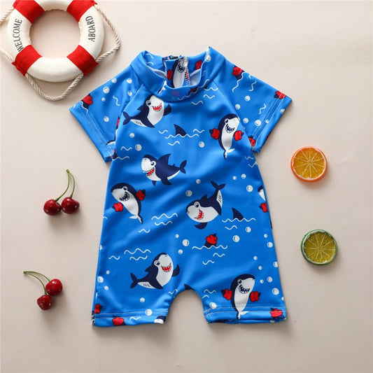 Boys' Blue Shark One - Piece Romper - Short Sleeve Swimwear - Aqova