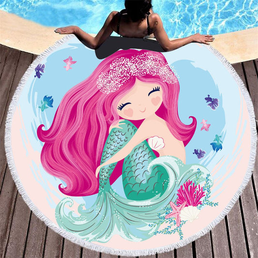 Cartoon Pink Mermaid Microfiber Beach Towel - Round 150x150CM - Aqova