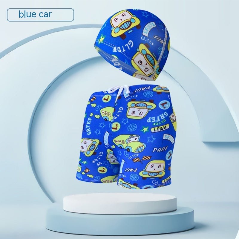 Children's Swim Trunks & Cap Set - Fun Dinosaur & Car Racing Designs - Aqova
