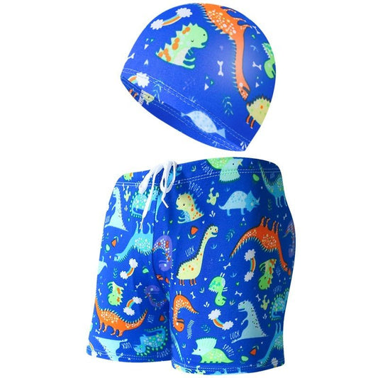 Children's Swim Trunks & Cap Set - Fun Dinosaur & Car Racing Designs - Aqova