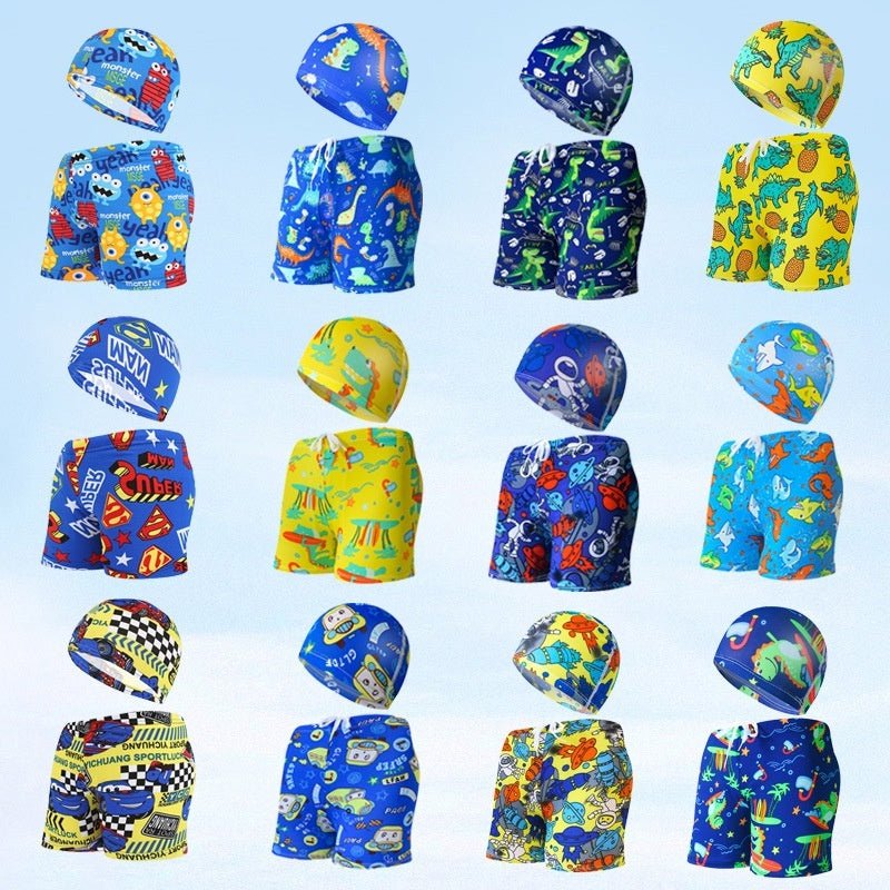 Children's Swim Trunks & Cap Set - Fun Dinosaur & Car Racing Designs - Aqova