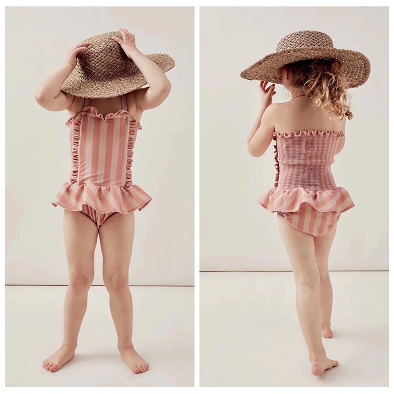 Children's Swimwear Ins Explosion Models Girls Siamese Striped Princess Wind Lace Swimsuit - Aqova