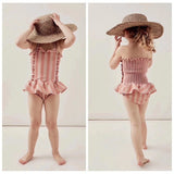 Children's Swimwear Ins Explosion Models Girls Siamese Striped Princess Wind Lace Swimsuit - Aqova