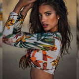 Deep V Neck Zip Long Sleeve High Waist Floral Split Bikini Swimsuit - Aqova