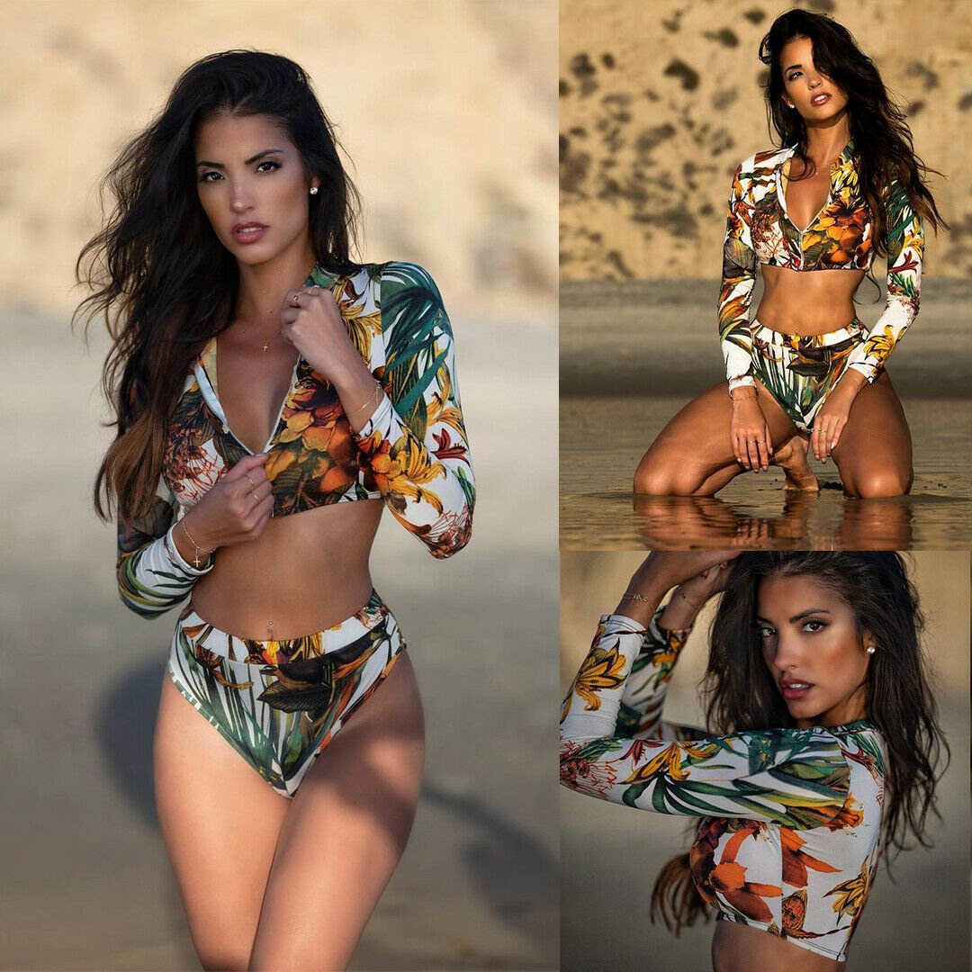Deep V Neck Zip Long Sleeve High Waist Floral Split Bikini Swimsuit - Aqova