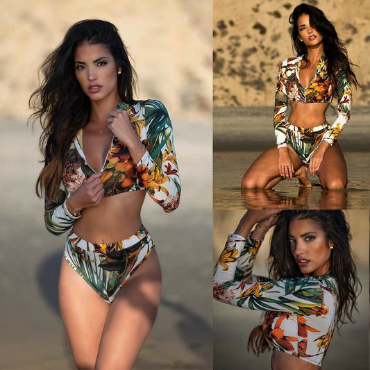 Deep V Neck Zip Long Sleeve High Waist Floral Split Bikini Swimsuit - Aqova