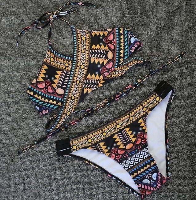 Ethnic Style Print Bikini Swimsuit - Sexy & Durable Chest Cross Straps - Aqova