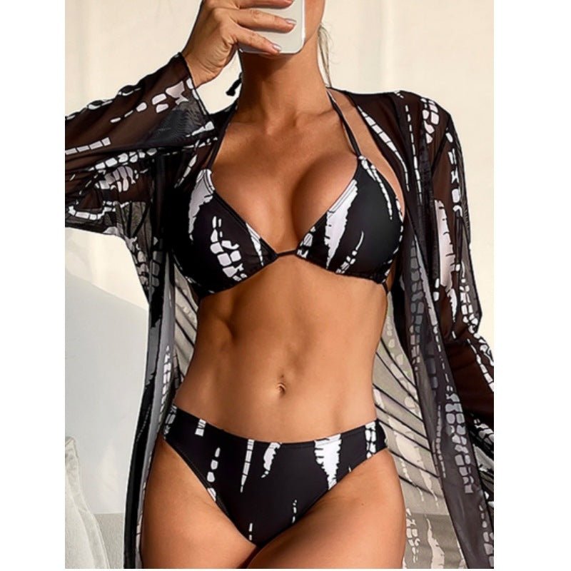 European And American Bikini Three - piece Mesh Long Sleeve Sun - proof Vacation Hot Spring Bathing Suit - Aqova