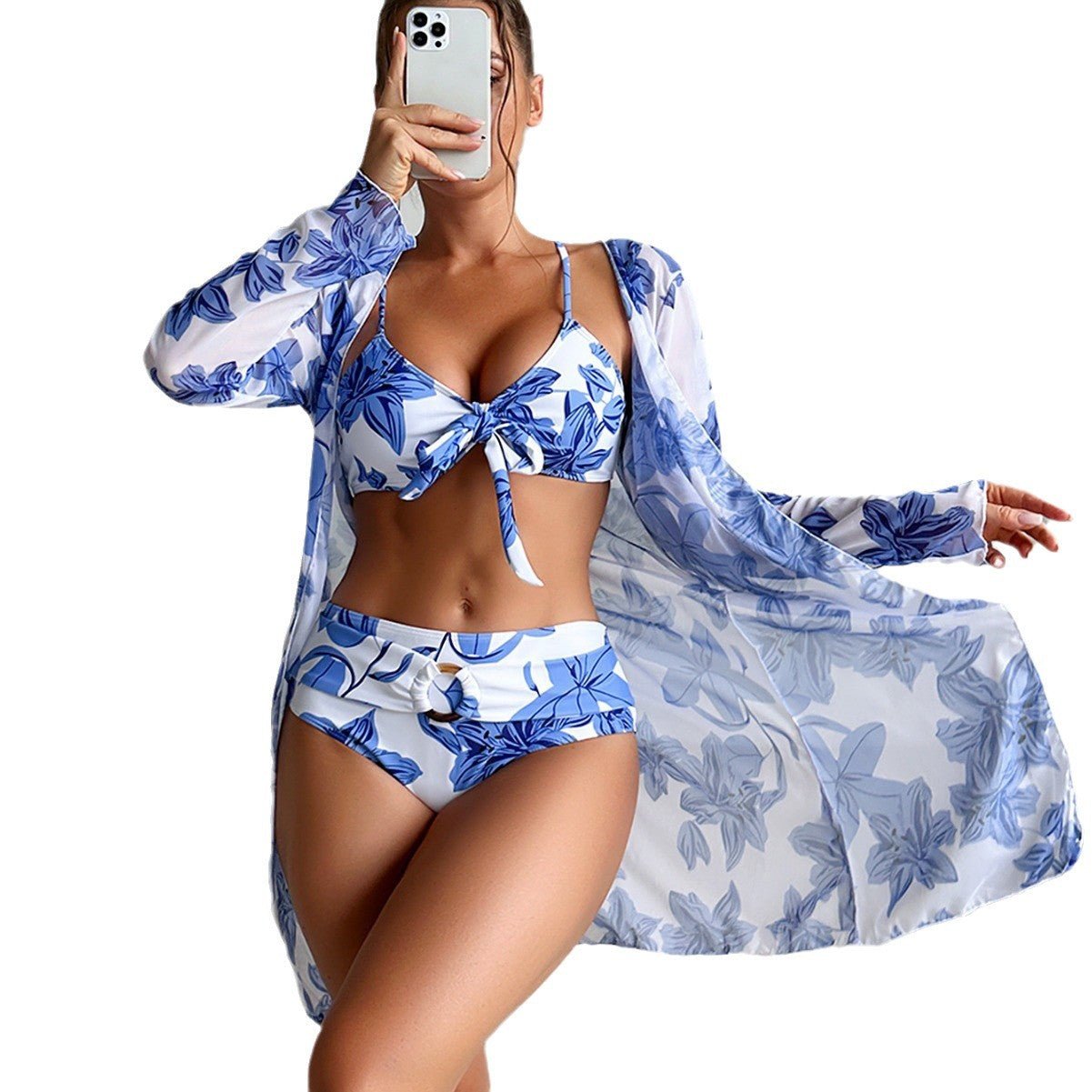Fashion Multi - color Printed Bikini Three - piece Women's Swimsuit - Aqova