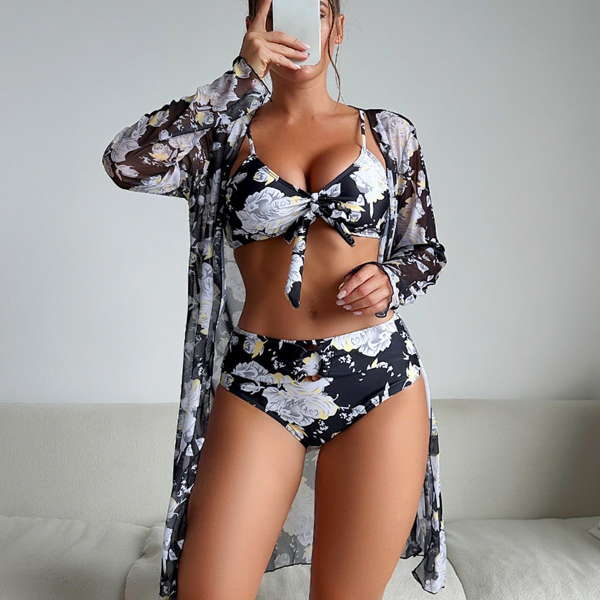 Fashion Multi - color Printed Bikini Three - piece Women's Swimsuit - Aqova