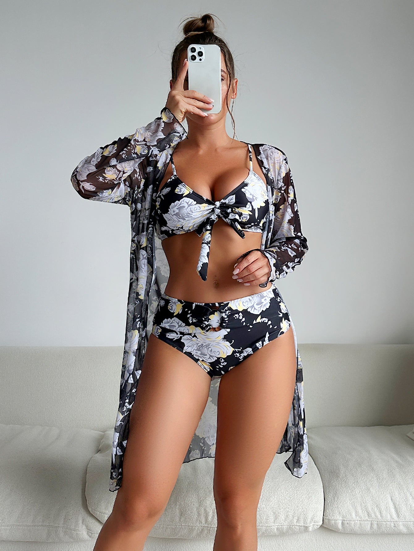 Fashion Multi - color Printed Bikini Three - piece Women's Swimsuit - Aqova
