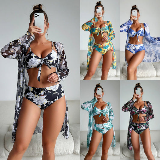 Fashion Multi - color Printed Bikini Three - piece Women's Swimsuit - Aqova