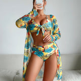 Fashion Multi - color Printed Bikini Three - piece Women's Swimsuit - Aqova