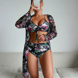 Fashion Multi - color Printed Bikini Three - piece Women's Swimsuit - Aqova