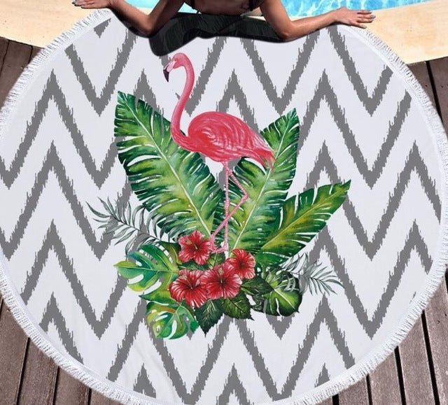 Flamingo Round Beach Towel - Customizable Microfiber, Fringed Lace Design - Aqova