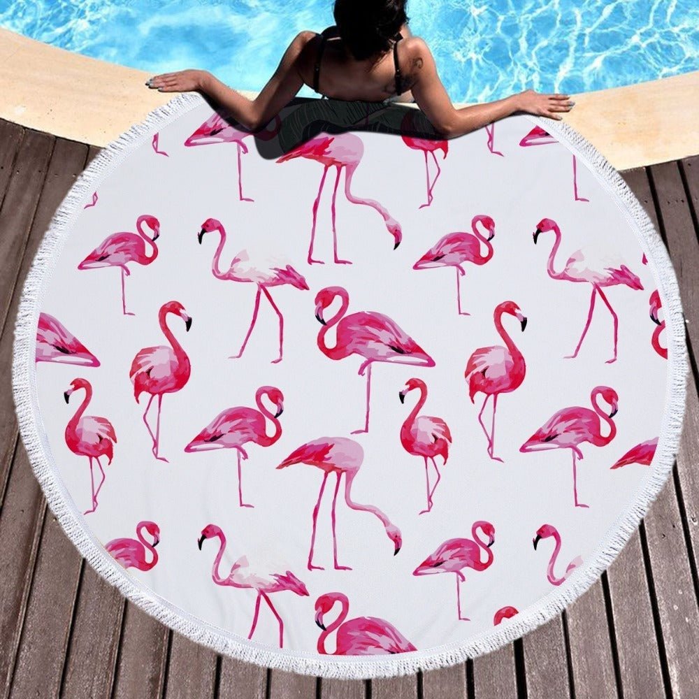 Flamingo Round Beach Towel - Customizable Microfiber, Fringed Lace Design - Aqova
