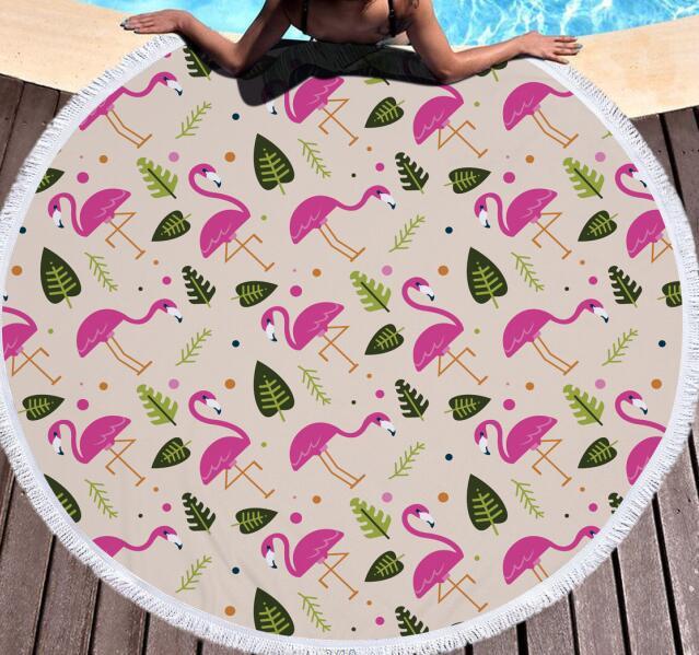 Flamingo Round Beach Towel - Customizable Microfiber, Fringed Lace Design - Aqova