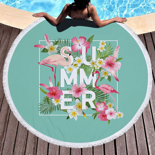 Flamingo Round Beach Towel - Customizable Microfiber, Fringed Lace Design - Aqova